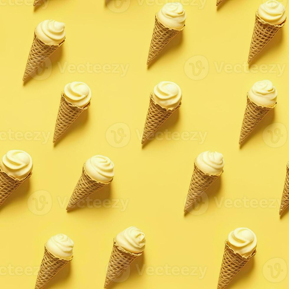 AI generated Ice Cream pattern on yellow background, top view. AI Generated photo