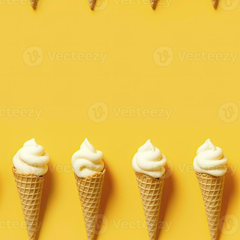 AI generated Ice Cream pattern on yellow background, top view. AI Generated photo