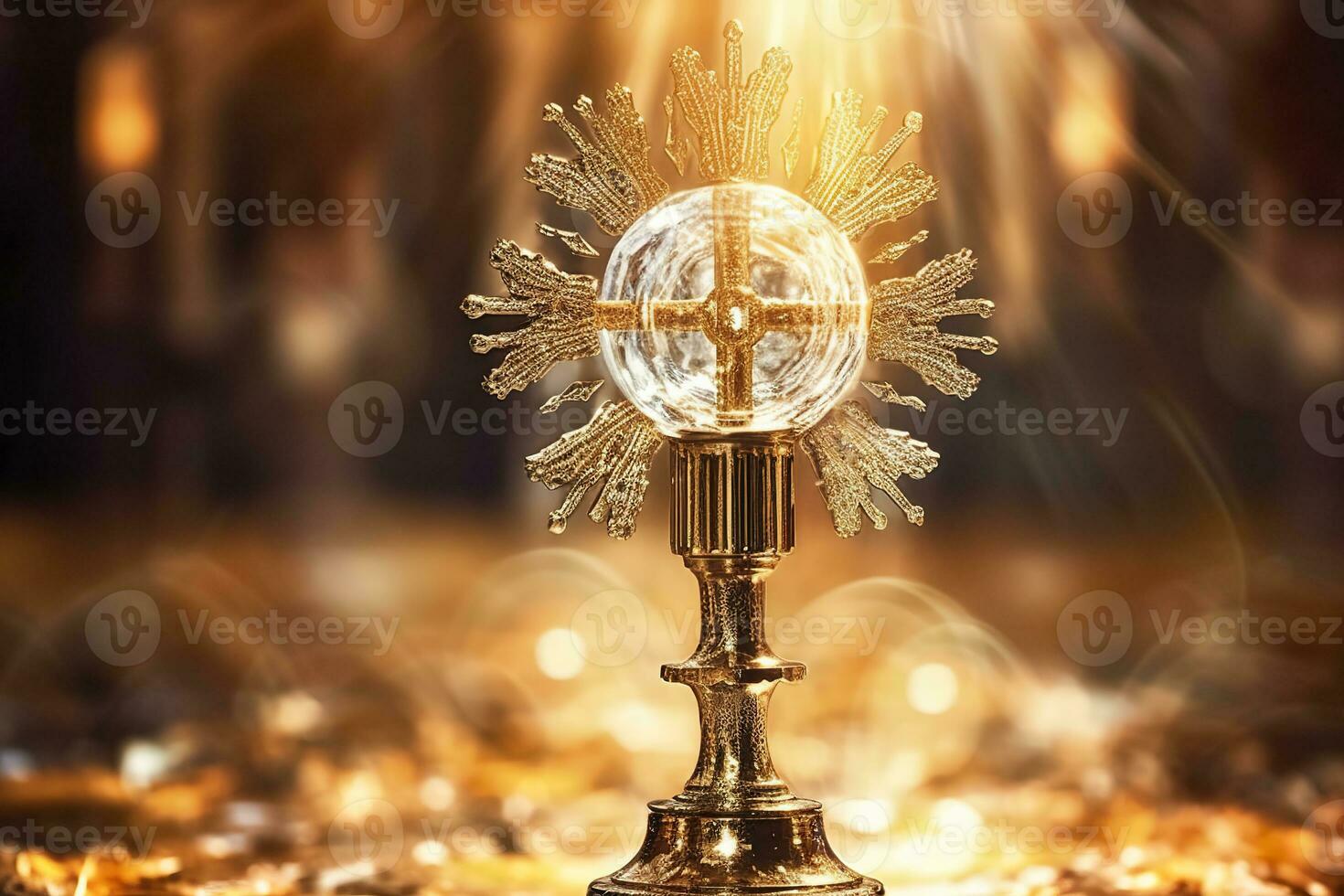 AI generated The golden monstrance with a little transparent crystal center, consecrated host. church defocused background. AI Generative photo