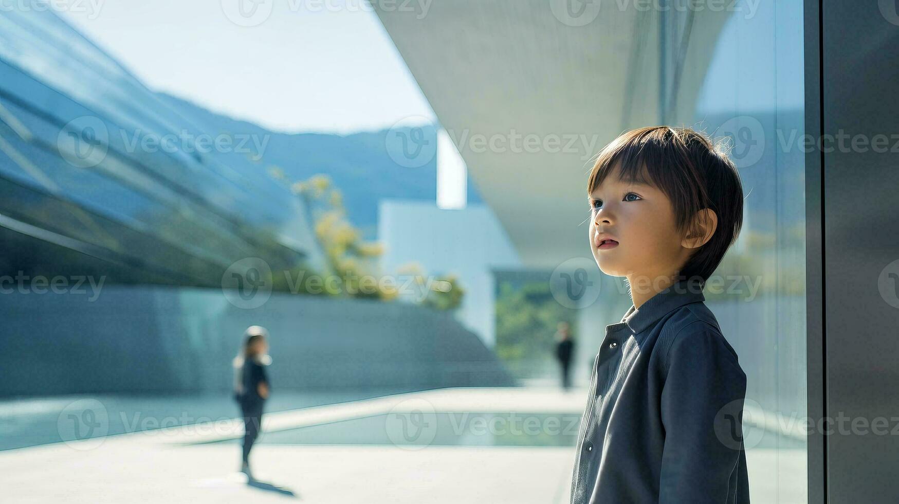 AI generated Young Boy Standing in Front of a Building photo