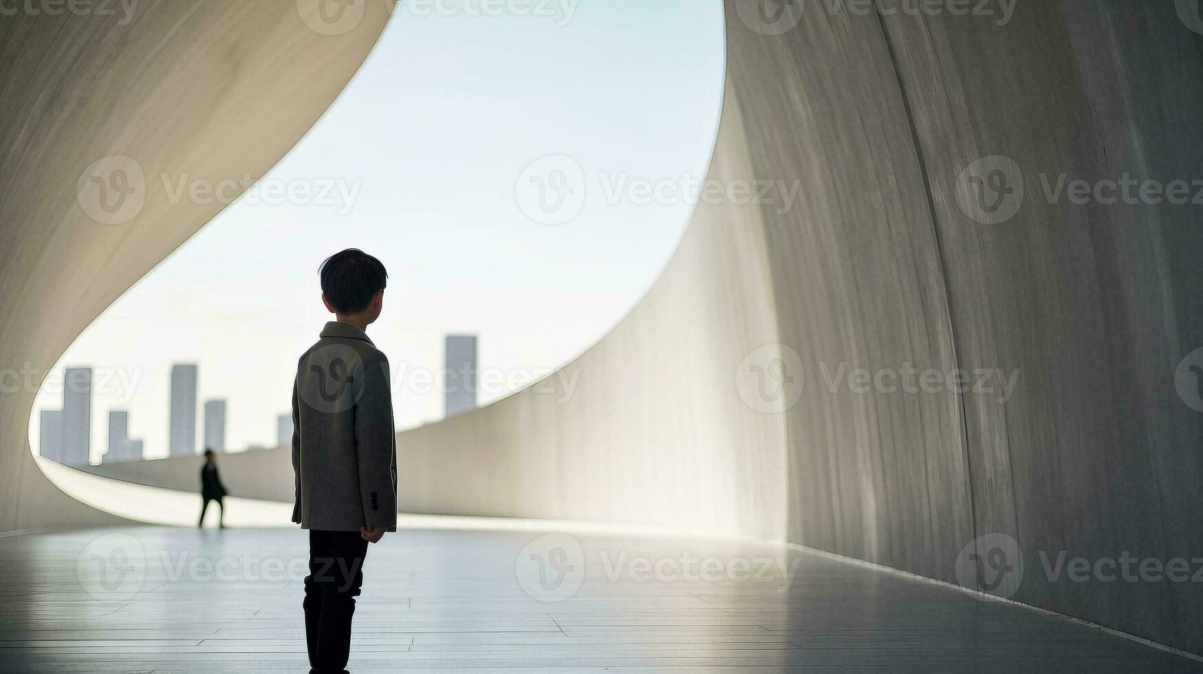 AI generated Person Standing in Tunnel with City in Background photo