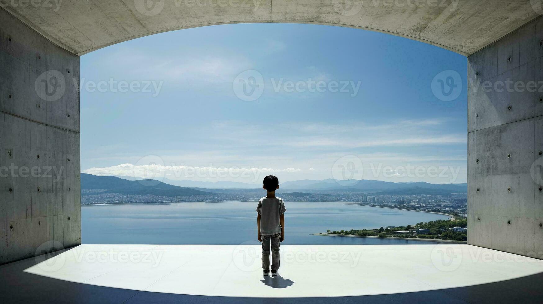 AI generated Man Gazing at Serene Waters Through Window photo