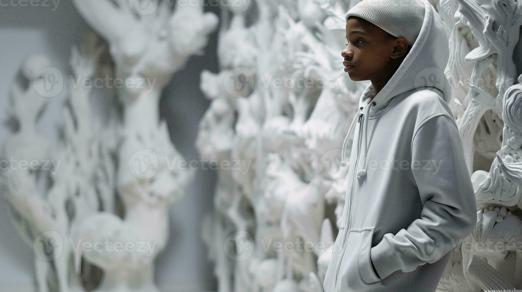AI generated Woman Contemplating White Sculptures photo