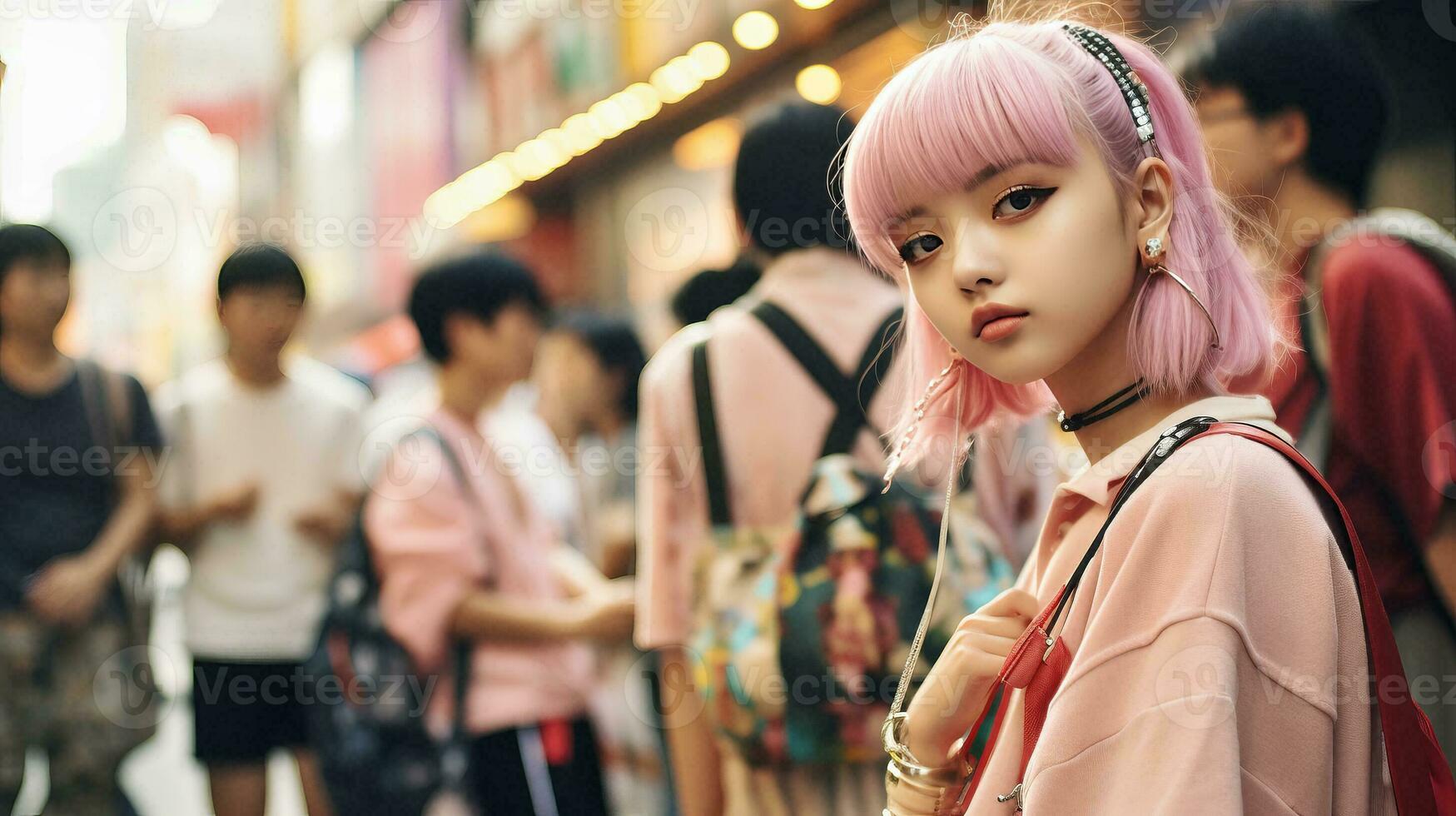AI generated Pink-haired Woman Standing in Front of a Crowd photo