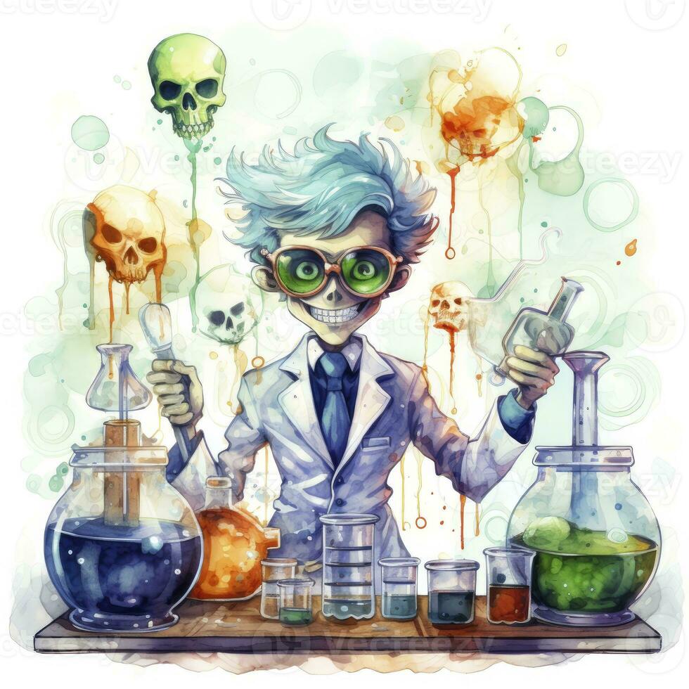 AI generated A student in a science classroom with lab equipment, watercolor. AI Generated photo
