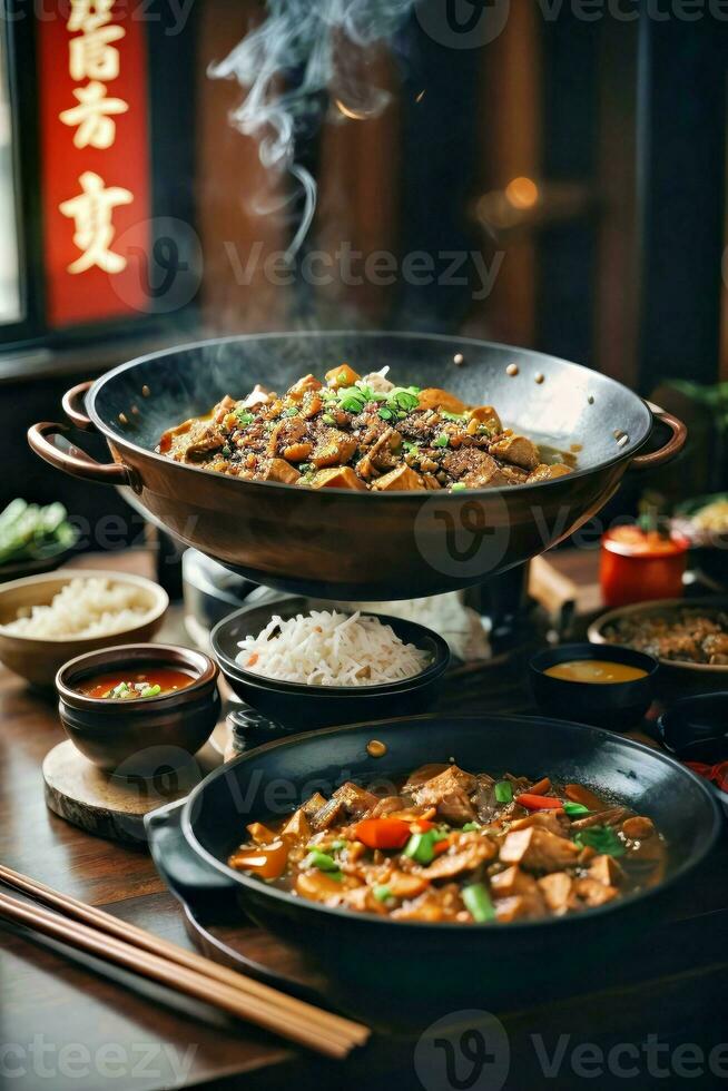 AI generated A delicious spread of food on a dining table with a bowl of rice in the center photo