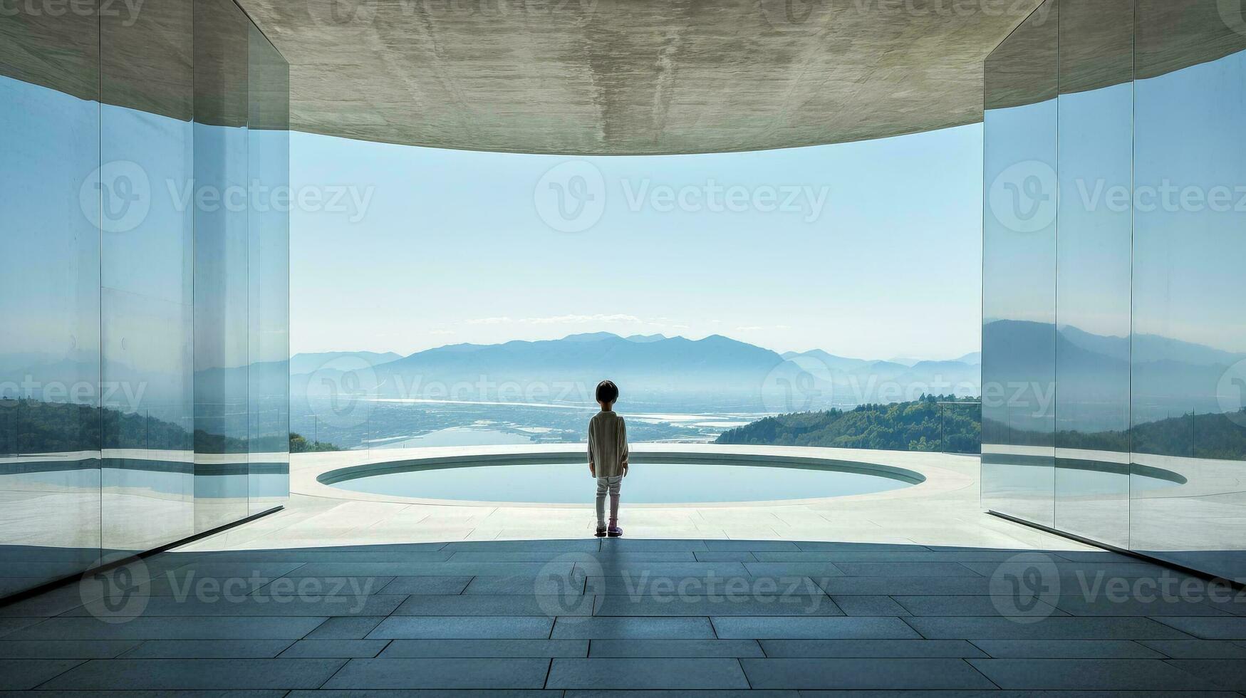 AI generated Person Standing in Large Room with Mountains in Background photo