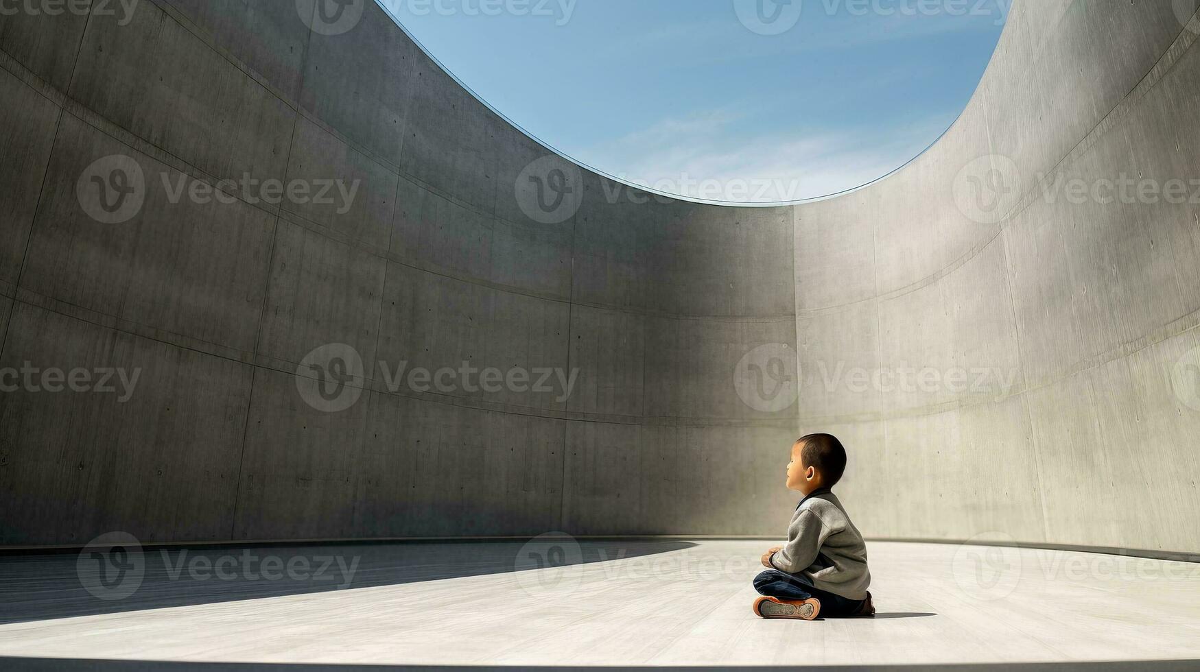 AI generated Little Boy Sitting on the Ground in a Room photo