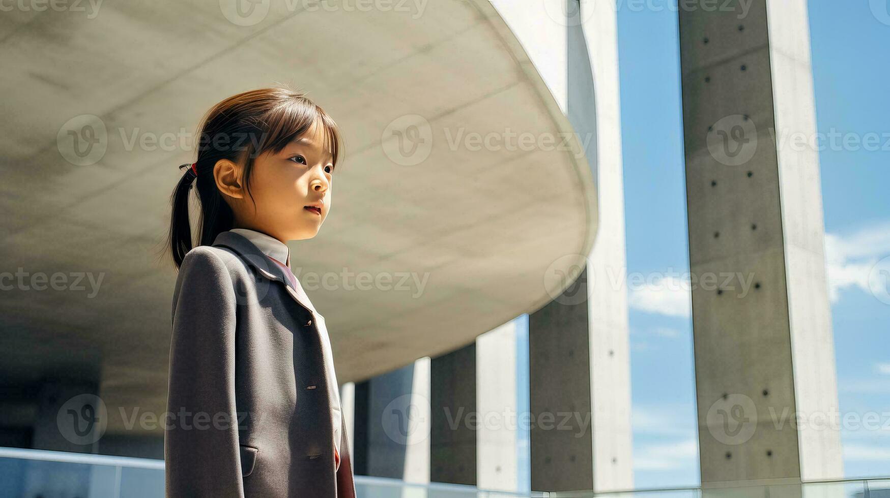 AI generated Woman Standing in Front of Impressive Urban Skyscraper photo