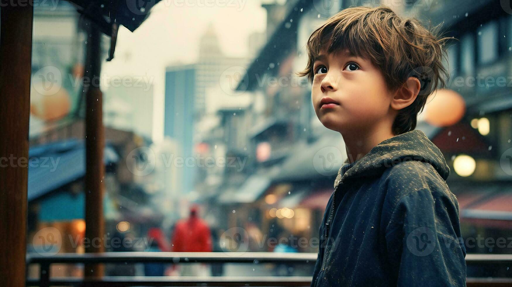 AI generated Young Boy Standing on Rainy Balcony photo