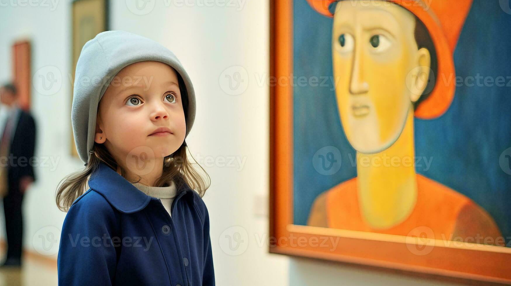 ai generado pequeño niña admirativo un hermosa pintura foto