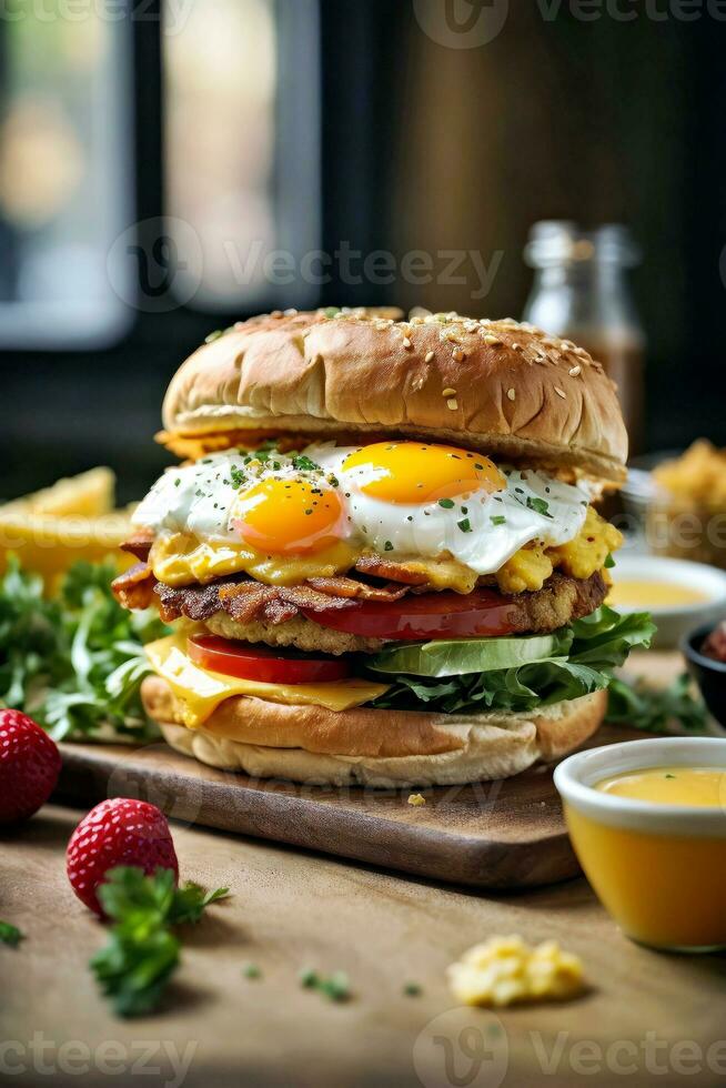 AI generated A delicious breakfast sandwich with eggs, bacon, and fresh lettuce photo