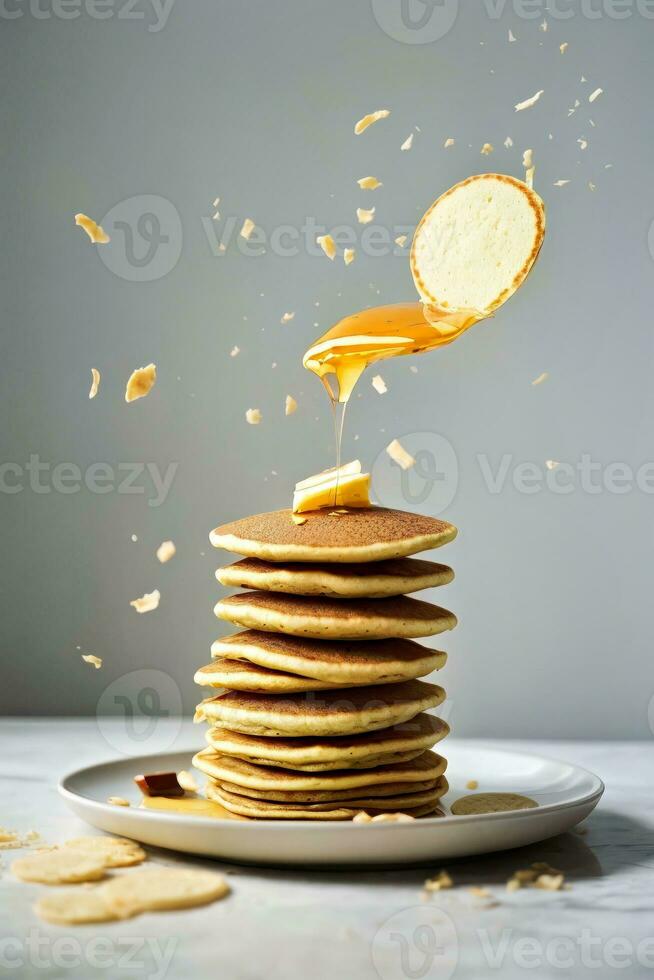 AI generated Stack of pancakes with butter being drizzled on top photo