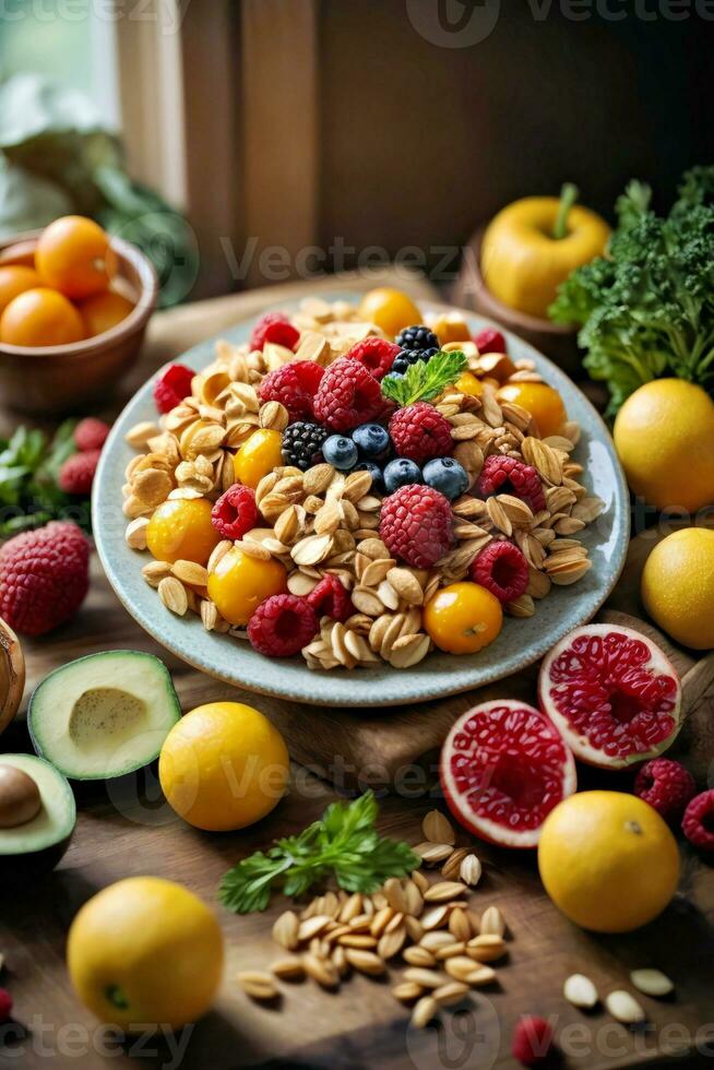 AI generated A colorful assortment of fresh fruits and nuts arranged on a rustic wooden table photo