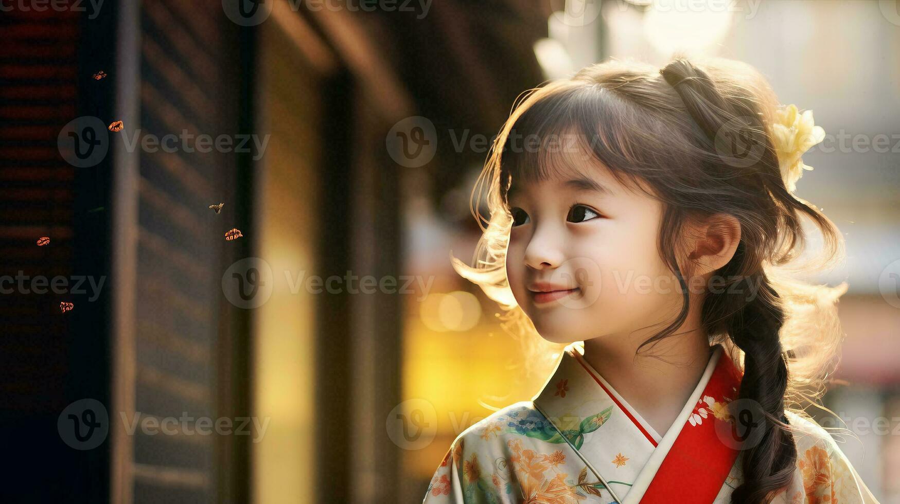 ai generado pequeño niña en kimono mirando fuera el ventana foto