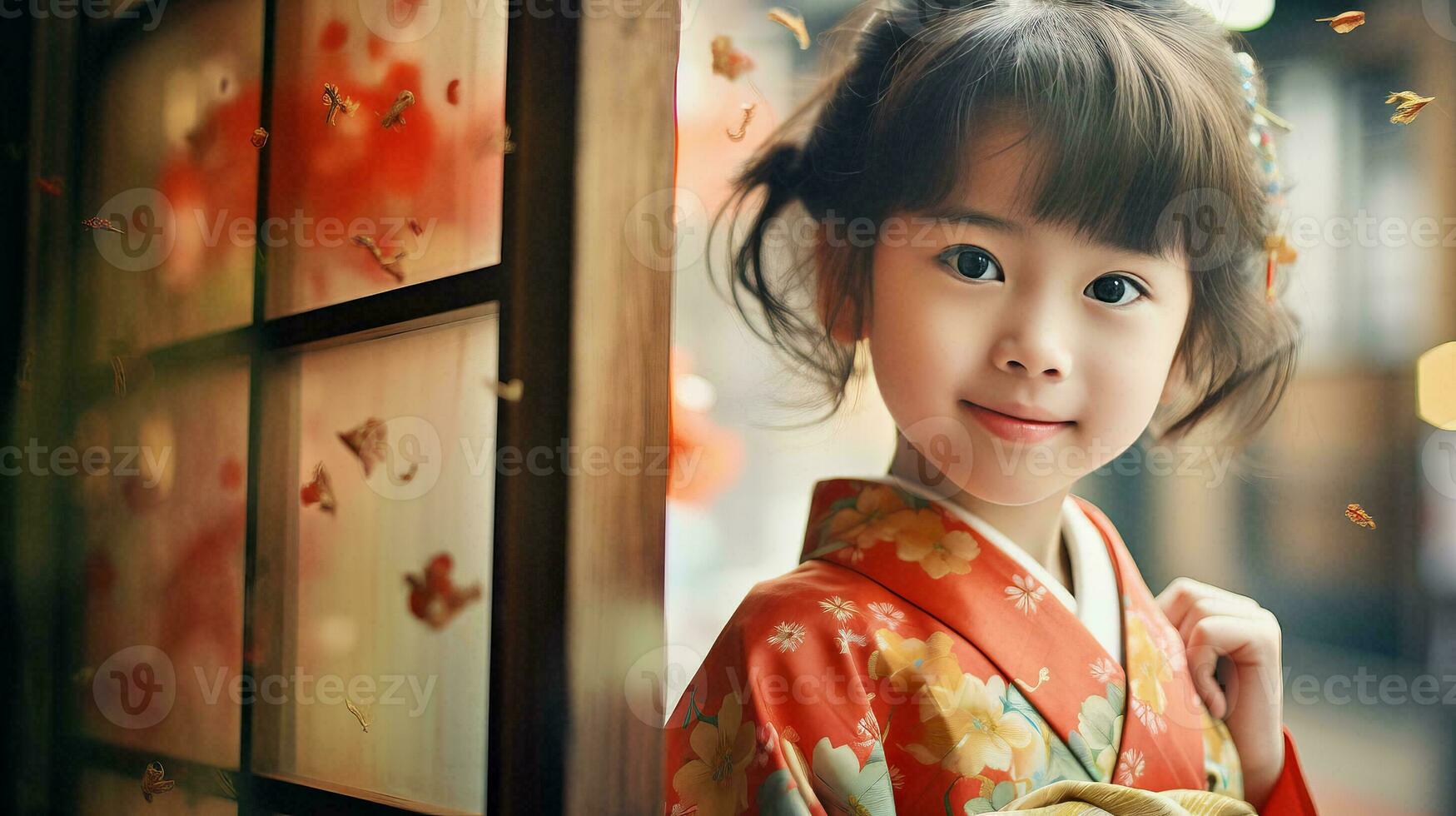ai generado pequeño niña vistiendo un kimono asoma mediante un ventana foto