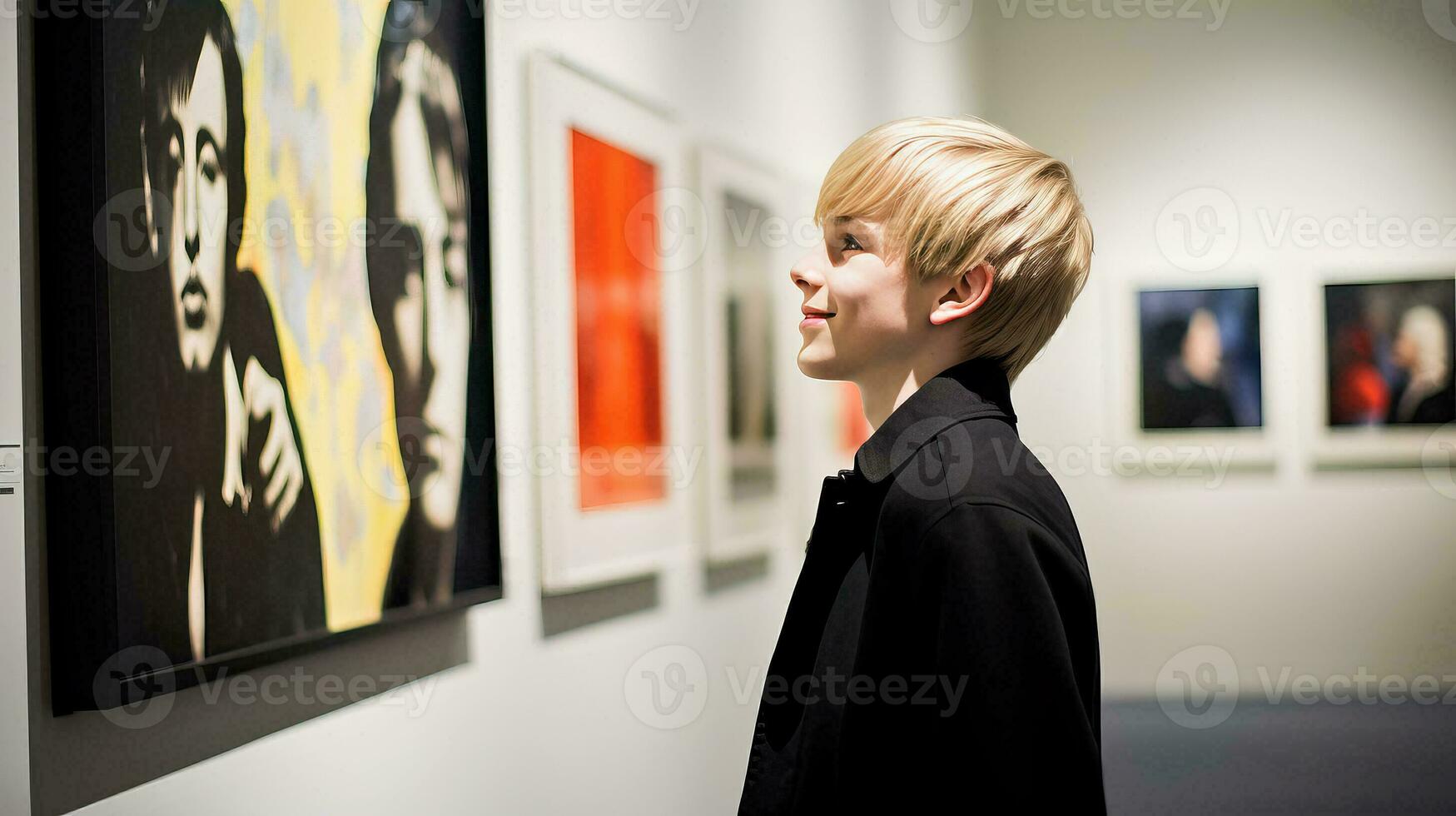 ai generado un joven chico admirativo vibrante pared pinturas foto