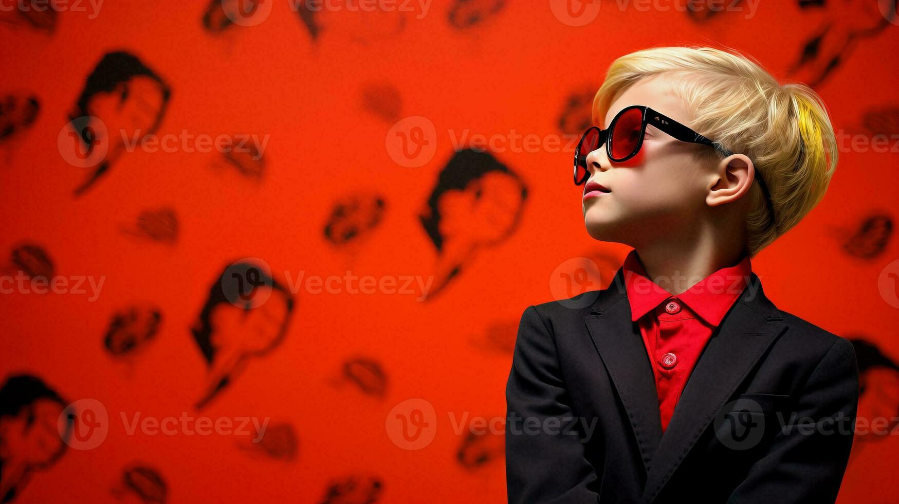 ai generado elegante joven chico en Gafas de sol y traje foto