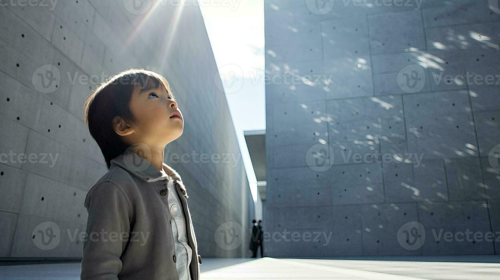 AI generated Little Boy Admiring a Majestic Building photo