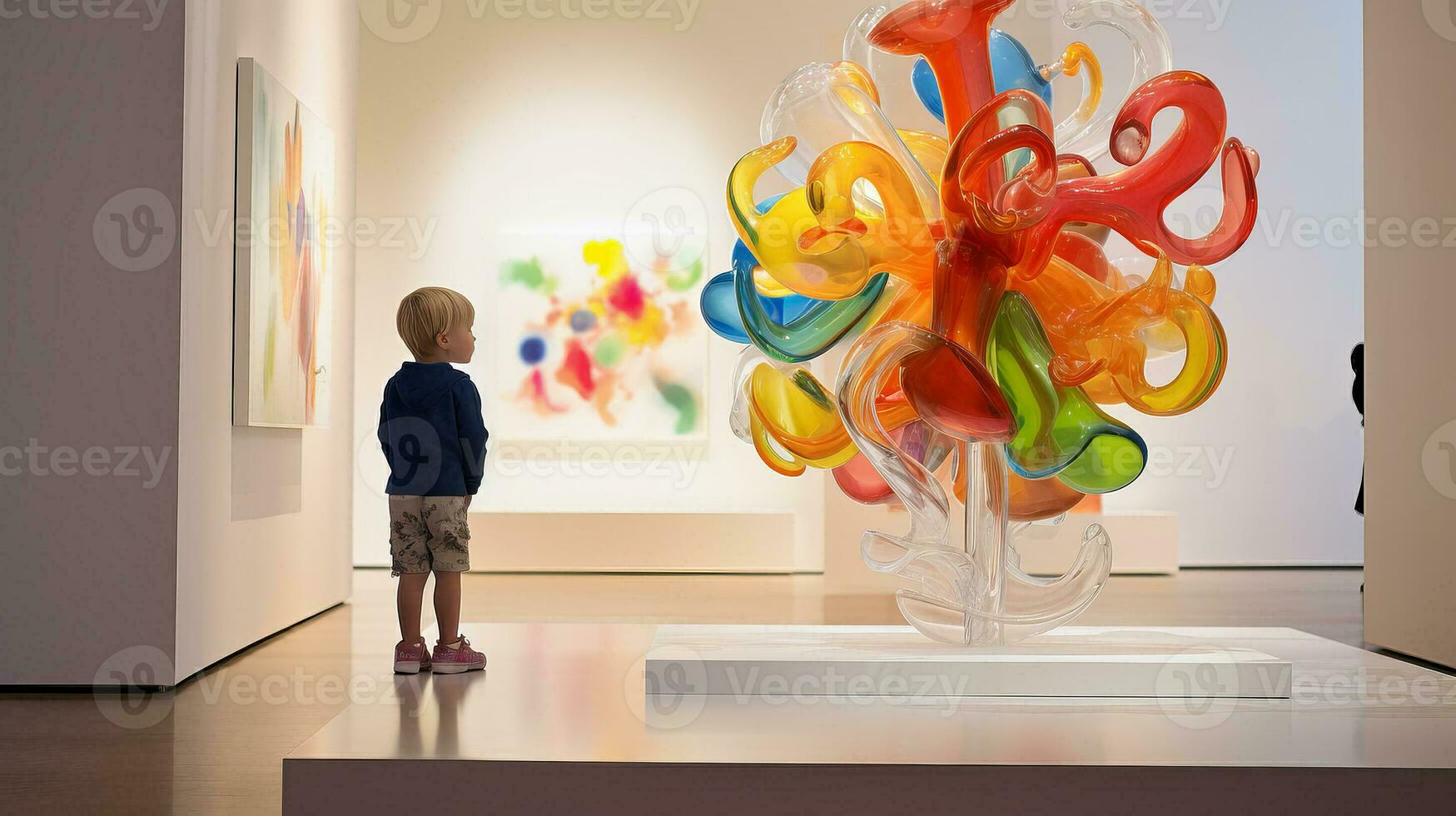 AI generated Little Boy Admiring a Vibrant Sculpture photo