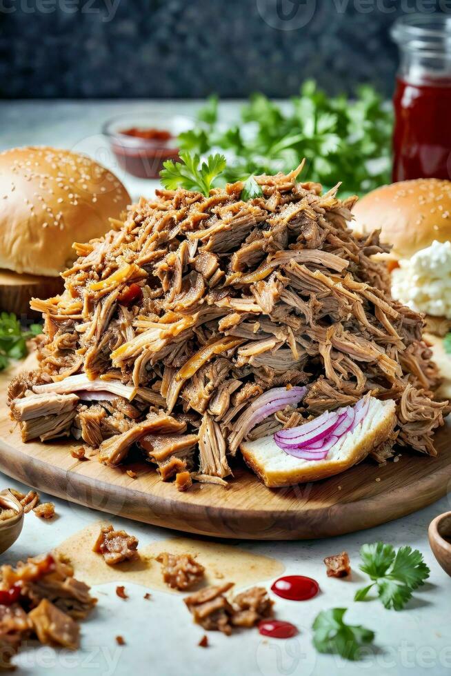 AI generated A delicious pile of shredded meat on a rustic wooden cutting board photo