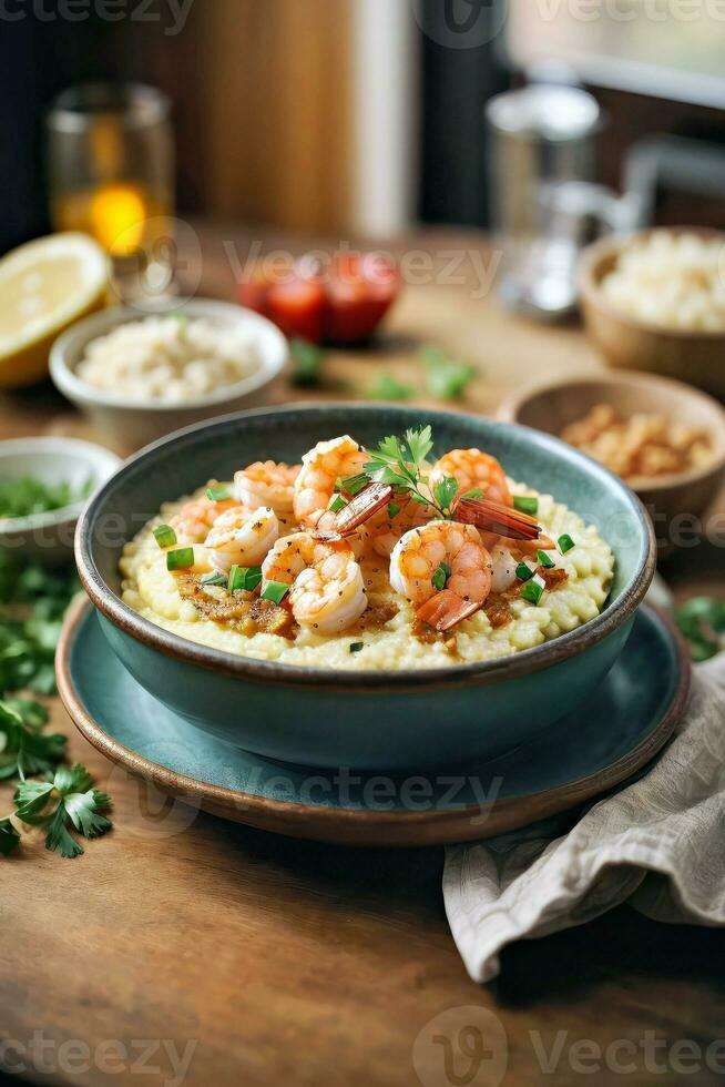 AI generated A delicious shrimp and rice dish served on a table photo