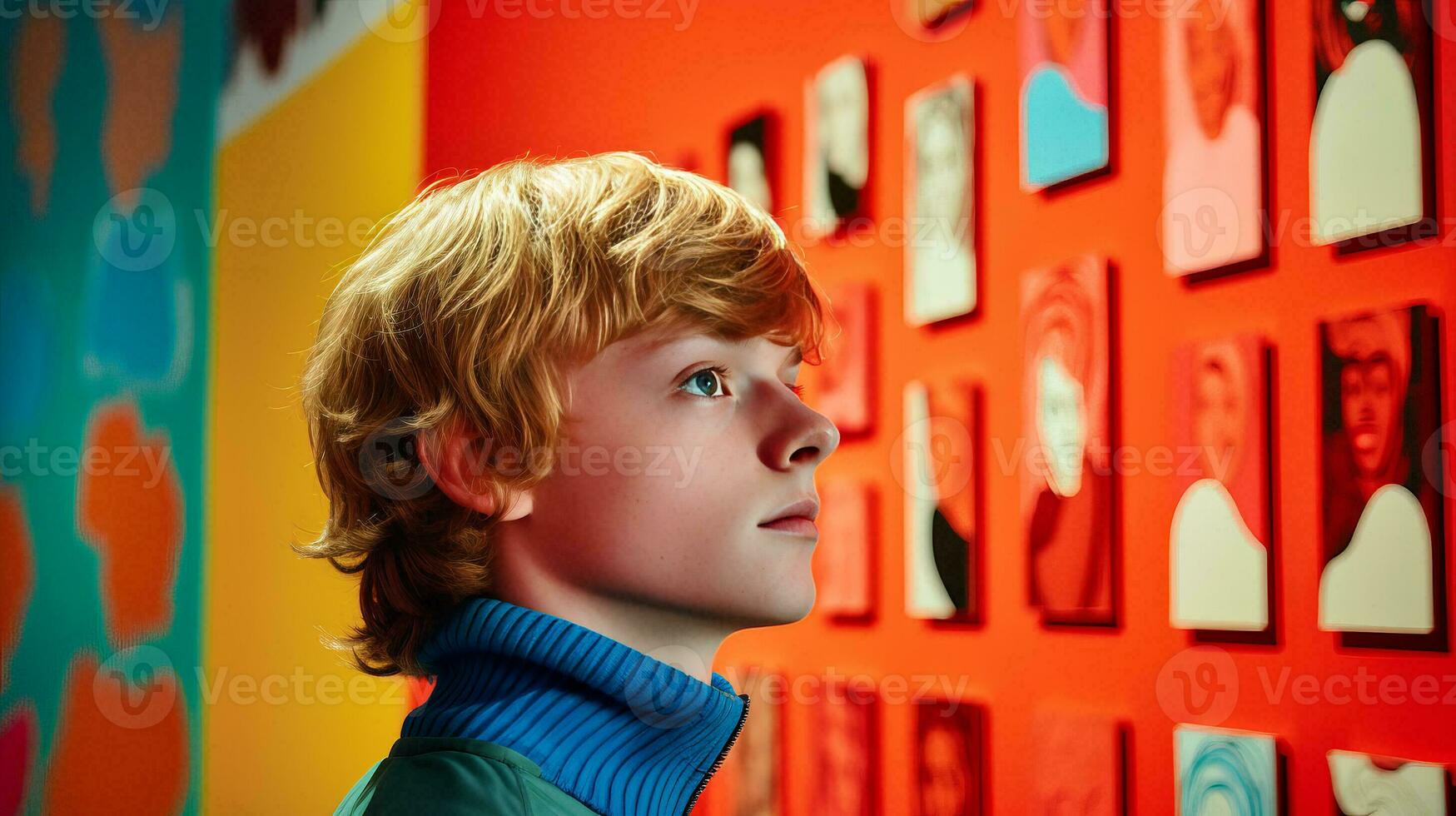 AI generated Young Boy Poses in Front of Vibrant Wall photo