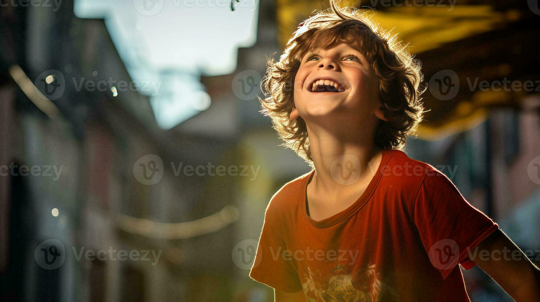 AI generated Young Boy Laughing in the Street photo