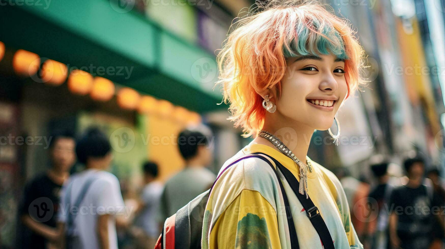 AI generated Colorful Hair Woman Standing in Front of a Crowd photo
