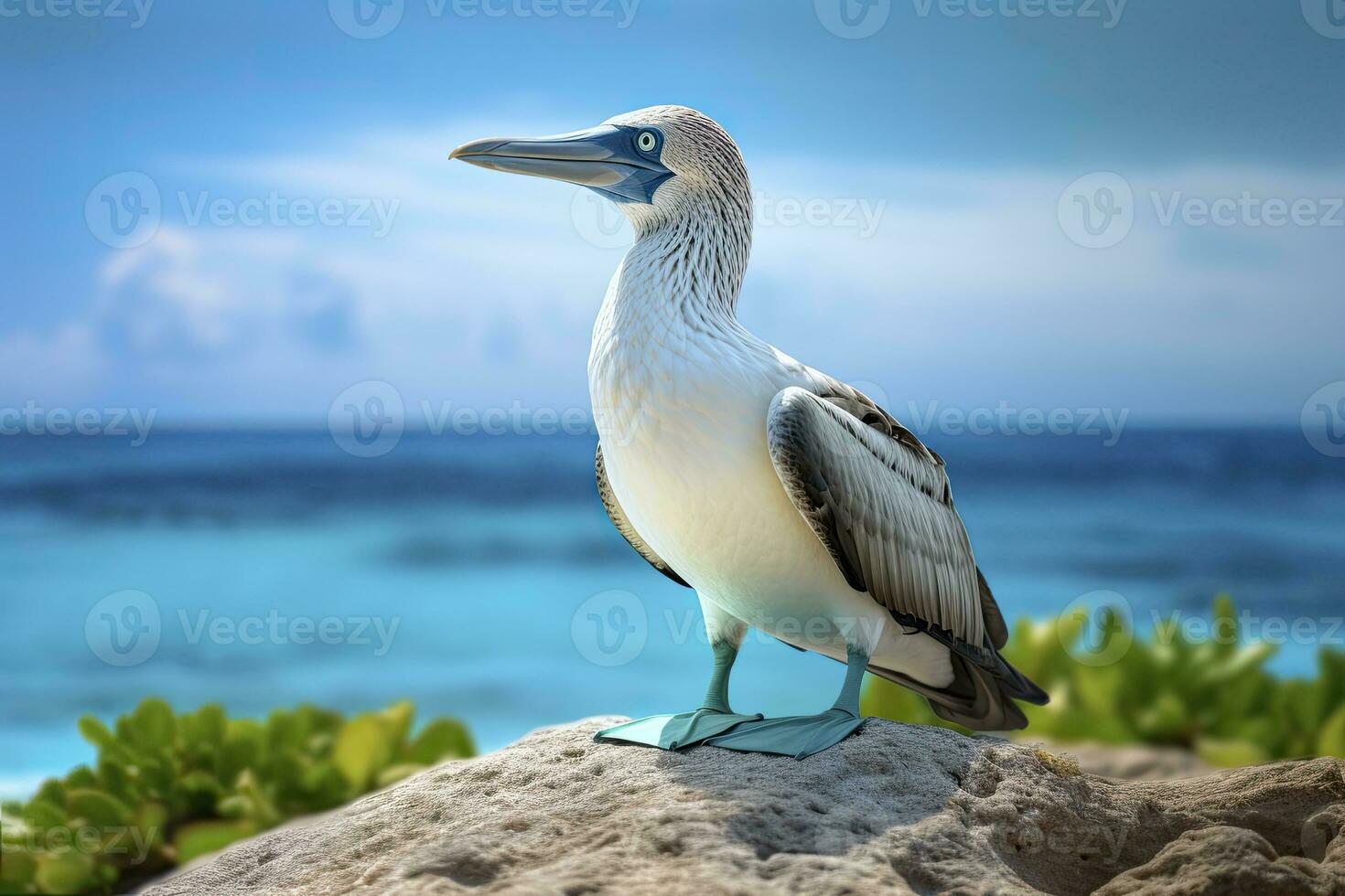 ai generado el raro patas azules bobo descansa en el playa. ai generado foto