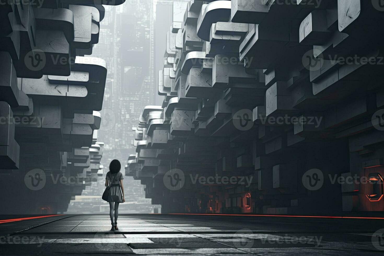 AI generated Woman walking in futuristic brutalist city street.  AI Generated. photo