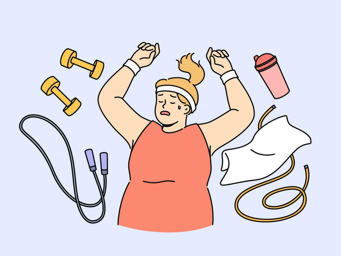 Fat woman lies on floor among fitness accessories, falling asleep after workout and dreaming of getting rid of overweight. Lazy girl does not want to go in for sports and fight overweight vector