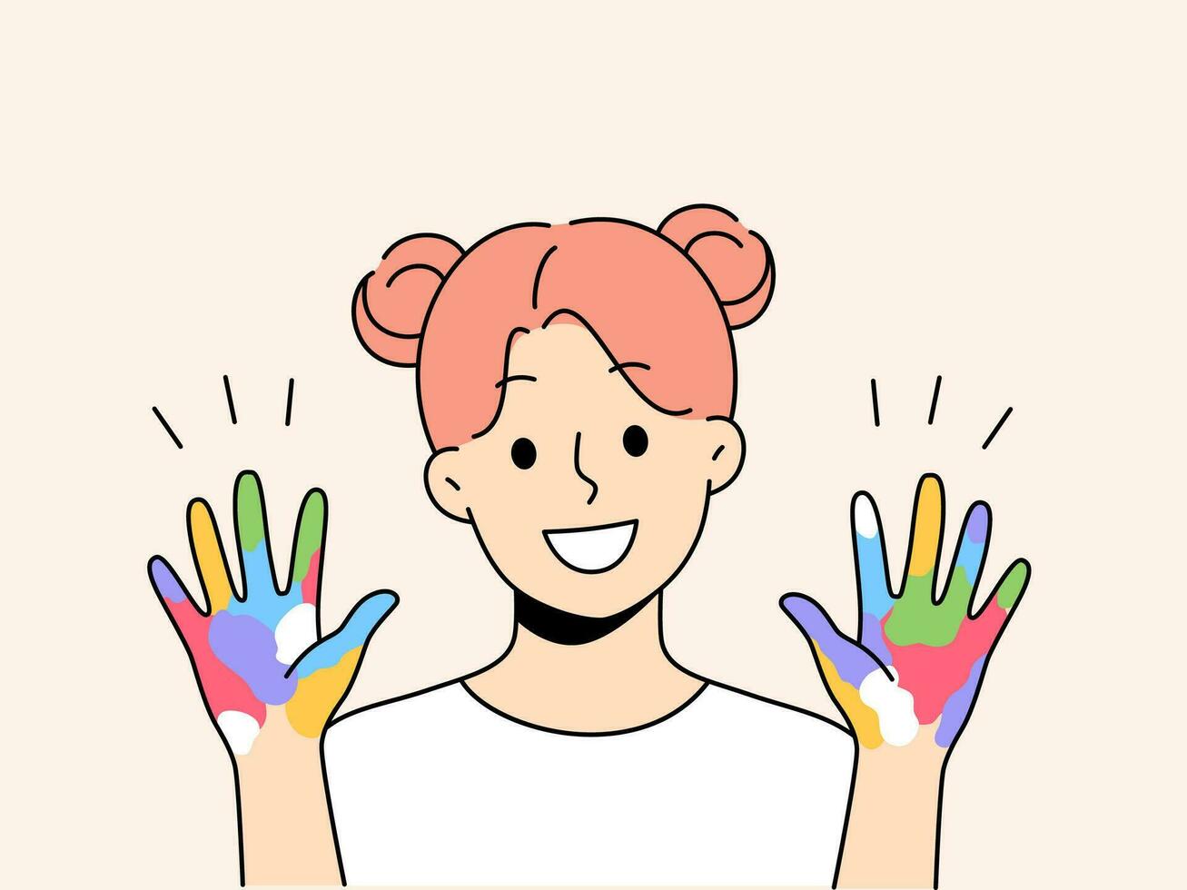 Little artist girl shows colorful palms painted with watercolors, offering to painting together. Schoolgirl who loves painting and creativity, dreams of creating masterpiece or working in field of art vector