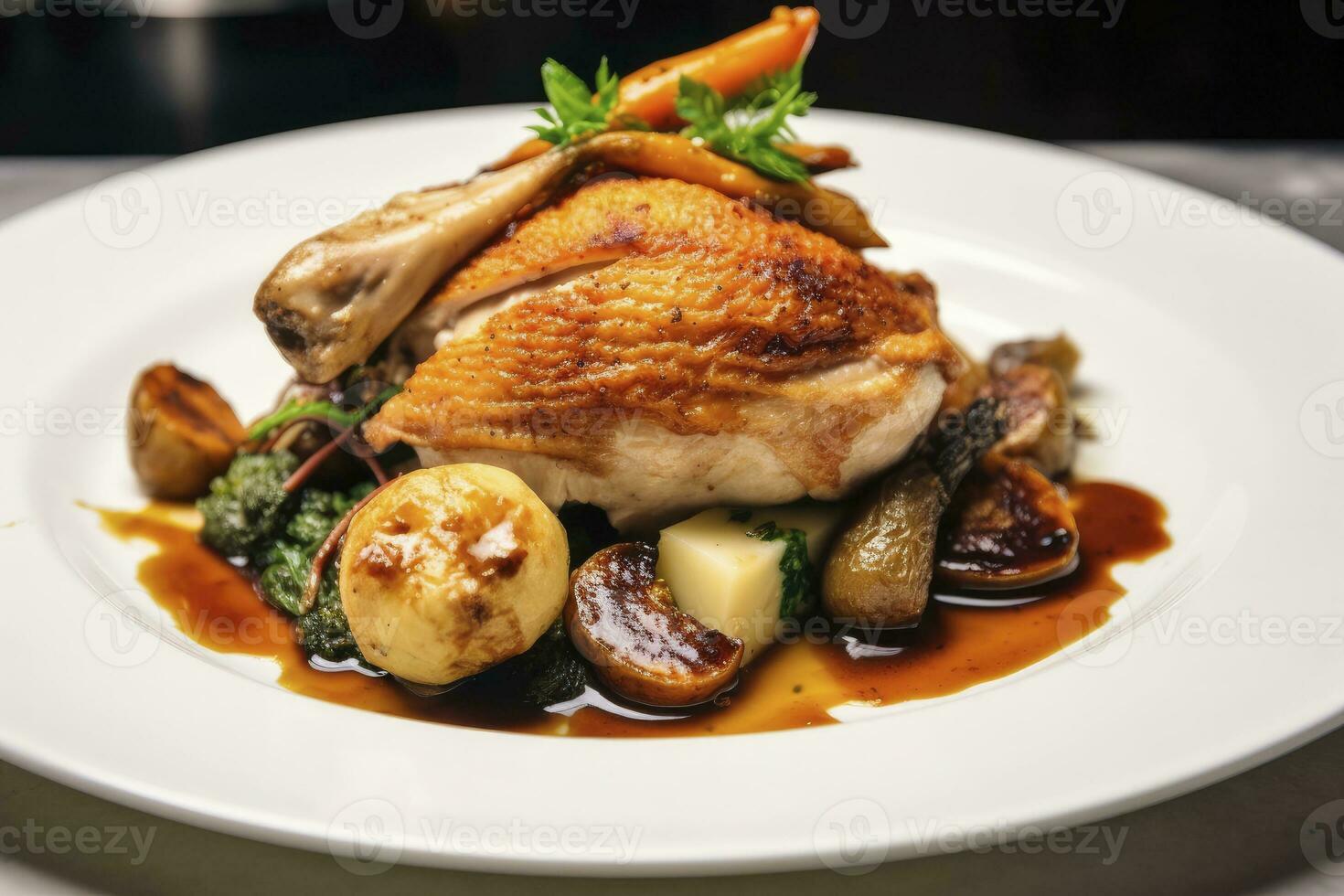 AI generated Plated chicken roast dinner on a white plate with carrot and morel mushroom. AI Generated. photo