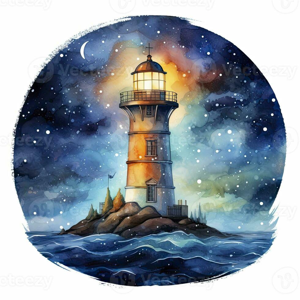 AI generated Lighthouse beside the sea at Night. watercolor for T-shirt design. AI Generated photo