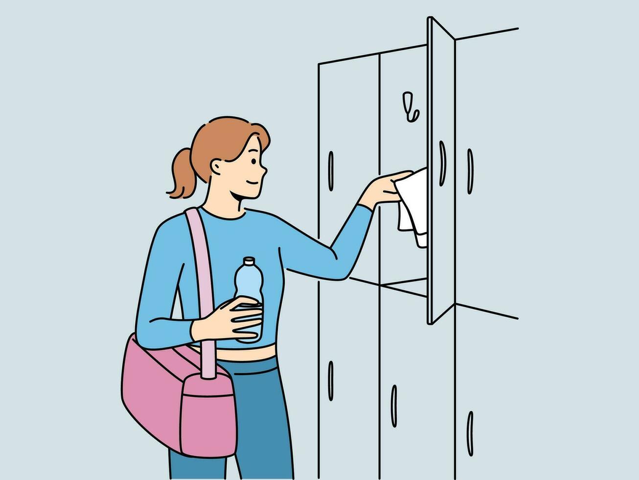 Woman visitor to gym stands near lockers for personal belongings and prepares for sports workout. Girl with bag for sportswear and bottle of water visits gym to maintain good figure vector