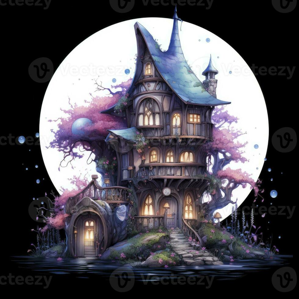 AI generated Moonlight dark themed night elf fairytale fantasy fairy house. AI Generated photo