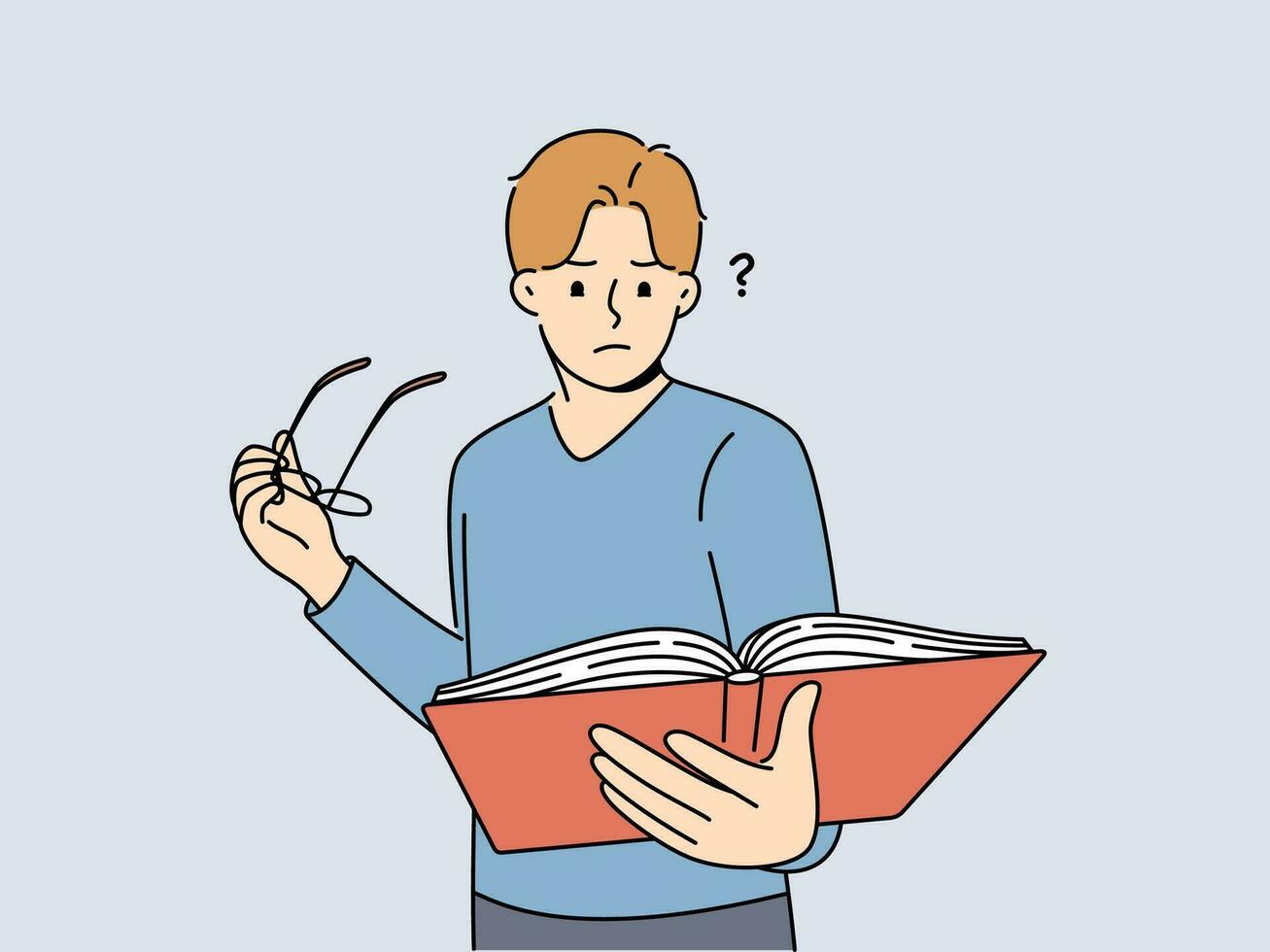 Man with book takes off glasses, trying to make out text in textbook and getting upset because of deterioration of vision. Guy is experiencing vision problems associated with excessive eye strain. vector