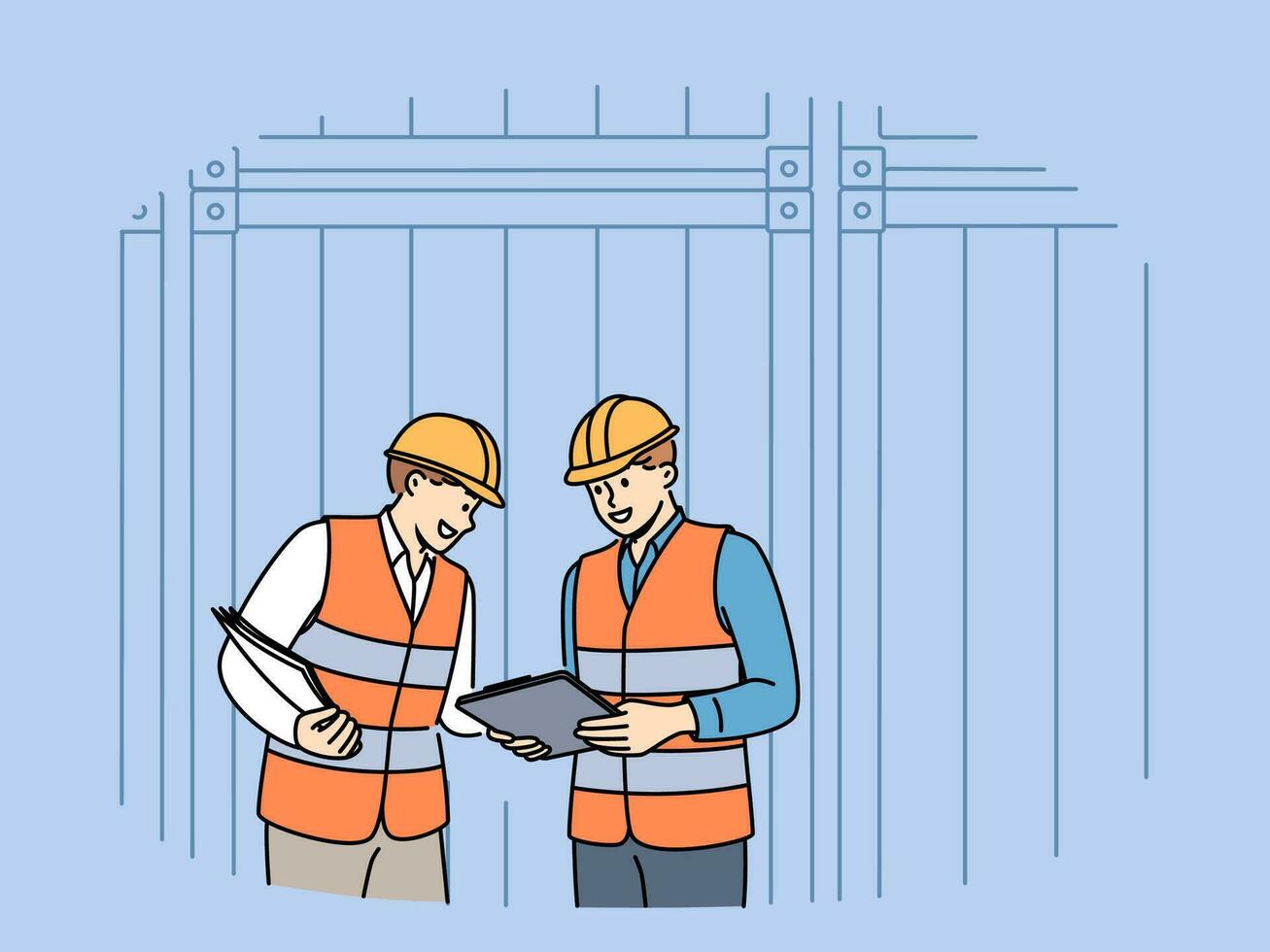 Men work in industrial field and stand near sea shipping containers discussing logistics or storage cargo. Teamwork of transport company employees dressed in industrial uniforms and hardhat vector