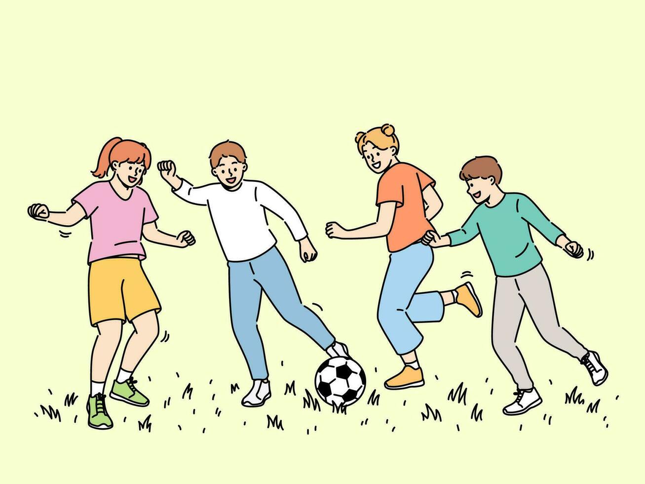 contento niños jugar fútbol, corriendo en soleado césped y pateando fútbol americano pelota. alegre Niños y muchachas disfrutar verano Días festivos participativo en fútbol torneo para elemental colegio estudiantes vector