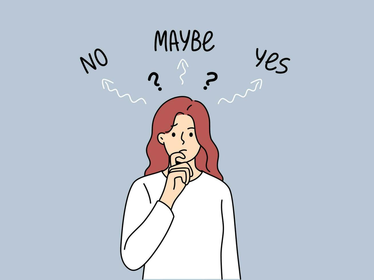 Thinking woman makes difficult solution and reflects on problem that has arisen, standing near words yes and no. Embarrassed girl is stressed because of need to make choice and find solution vector