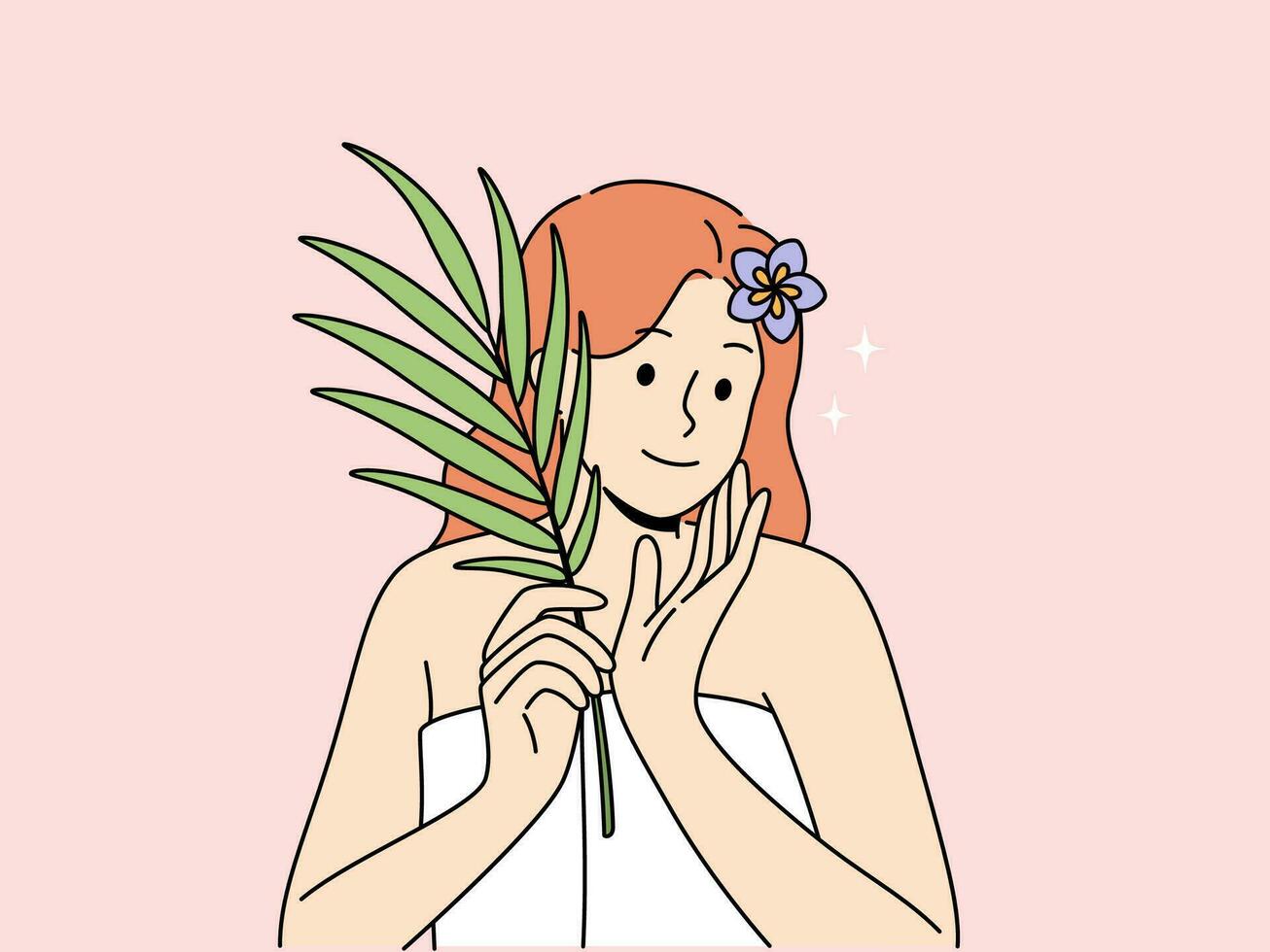 Woman with sprig of medicinal plant used for cosmetic purposes, stands in bath towel and rejoices at effect of using cream. Woman recommends using eco-masks and creams based on organic herbs vector