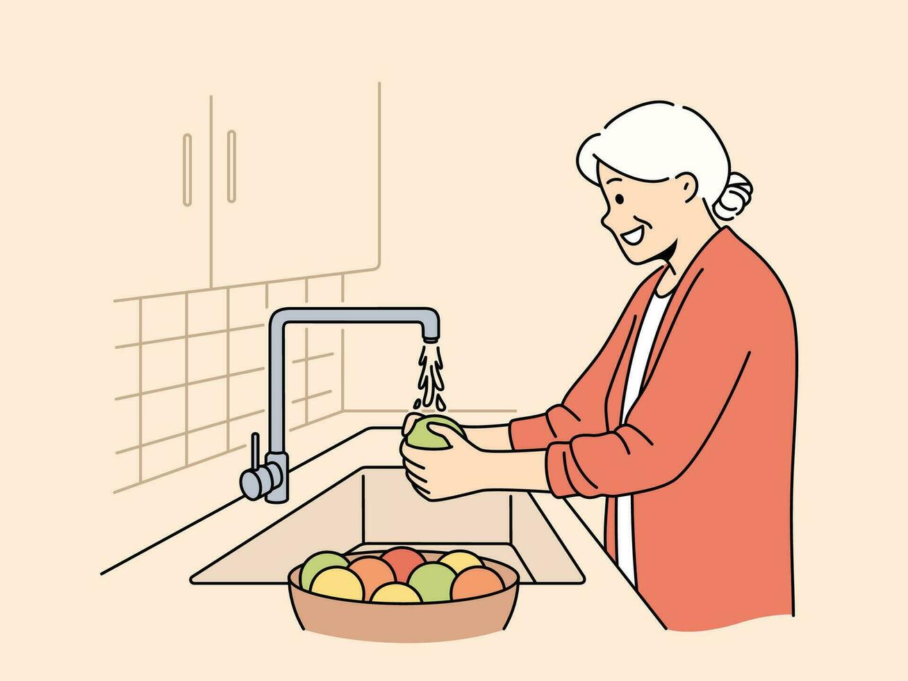 Elderly woman washes fruits in sink, standing in kitchen and observing rules of hygiene to avoid infection. Grandmother washes vegetables before preparing dinner, following recommendations of doctors vector