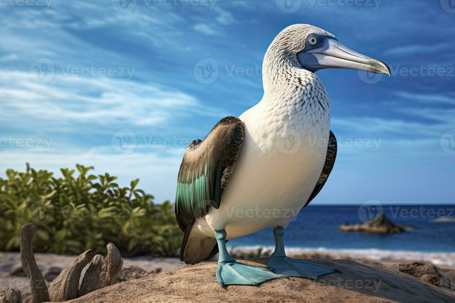 AI generated The rare blue-footed booby rests on the beach. AI Generated photo