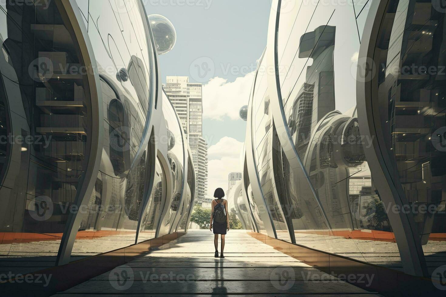 AI generated Woman walking in futuristic brutalist city street.  AI Generated. photo