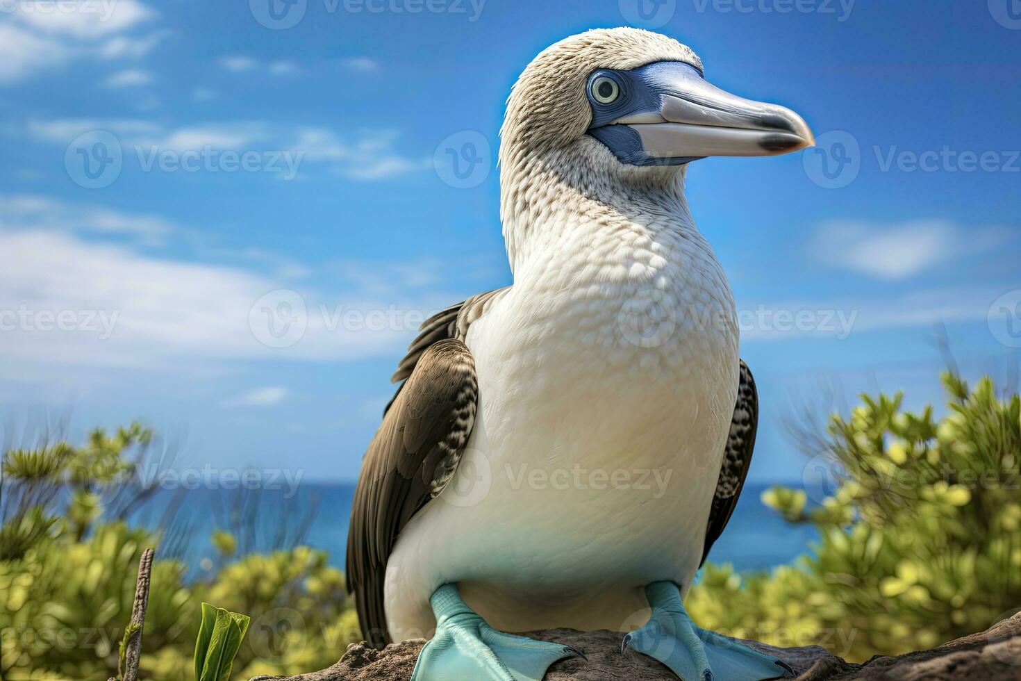 AI generated The rare blue-footed booby rests on the beach. AI Generated photo