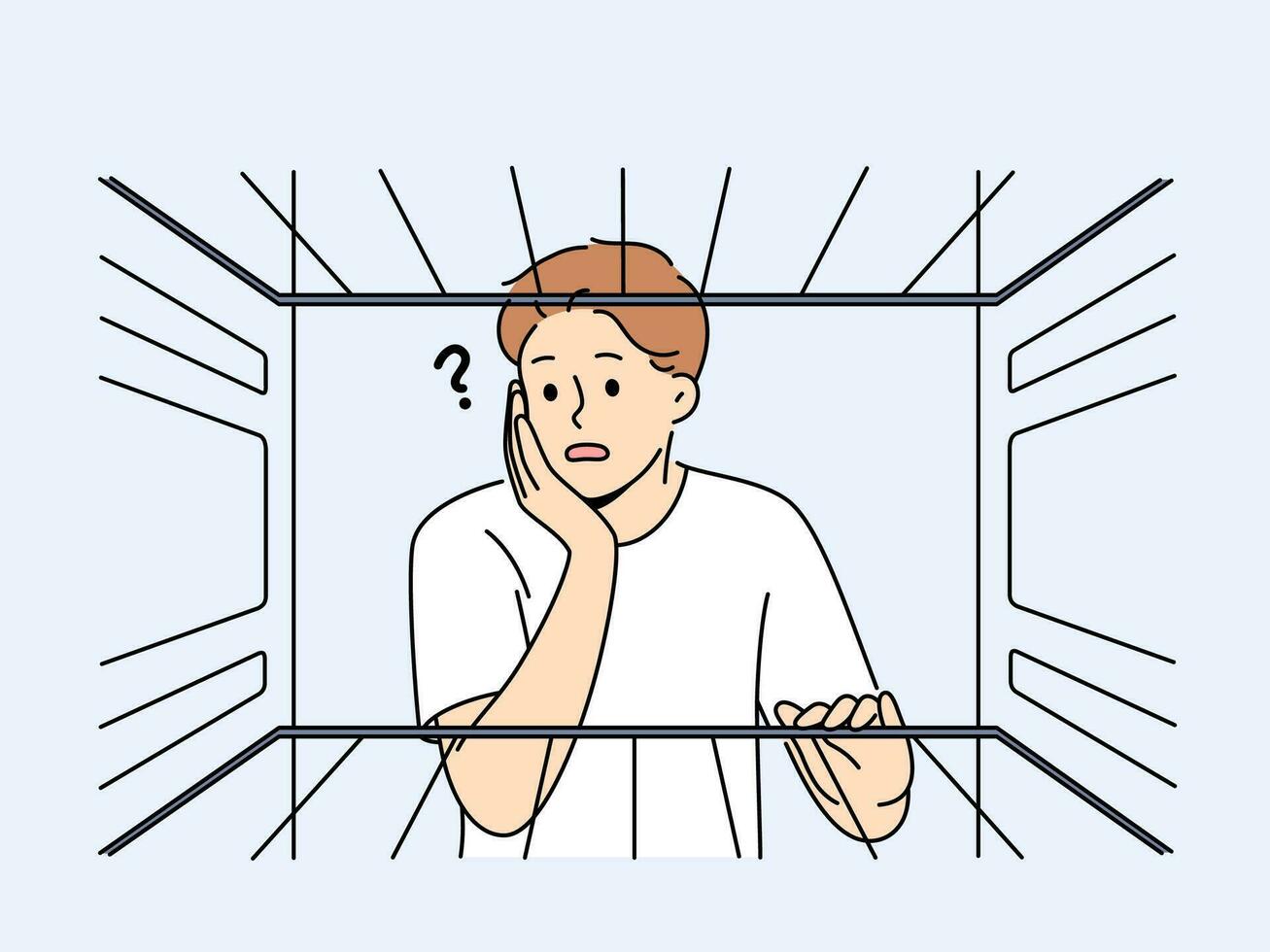 Hungry man sees empty refrigerator and is nervous about lack food due to poverty and financial crisis. Young embarrassed guy looks into refrigerator compartment surprised by lack products on shelves vector