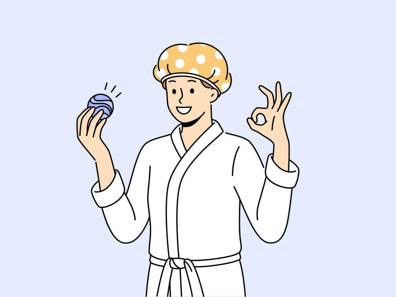 Man with bath bomb is dressed in bathrobe and bandage to protect hair from moisture. Young guy shows OK gesture recommending use of aromatic bath bomb while performing hygiene procedures. vector