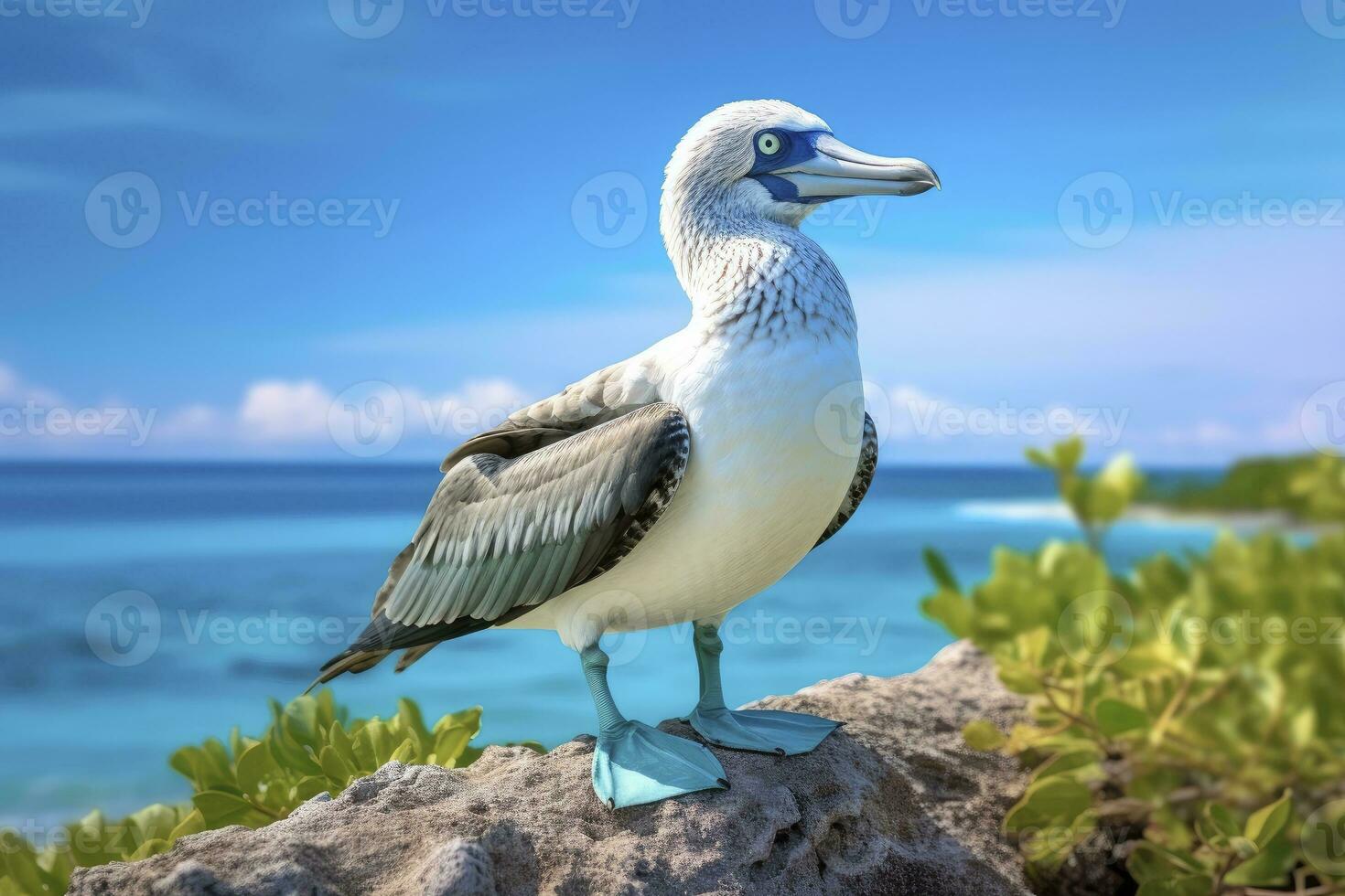 AI generated The rare blue-footed booby rests on the beach. AI Generated photo