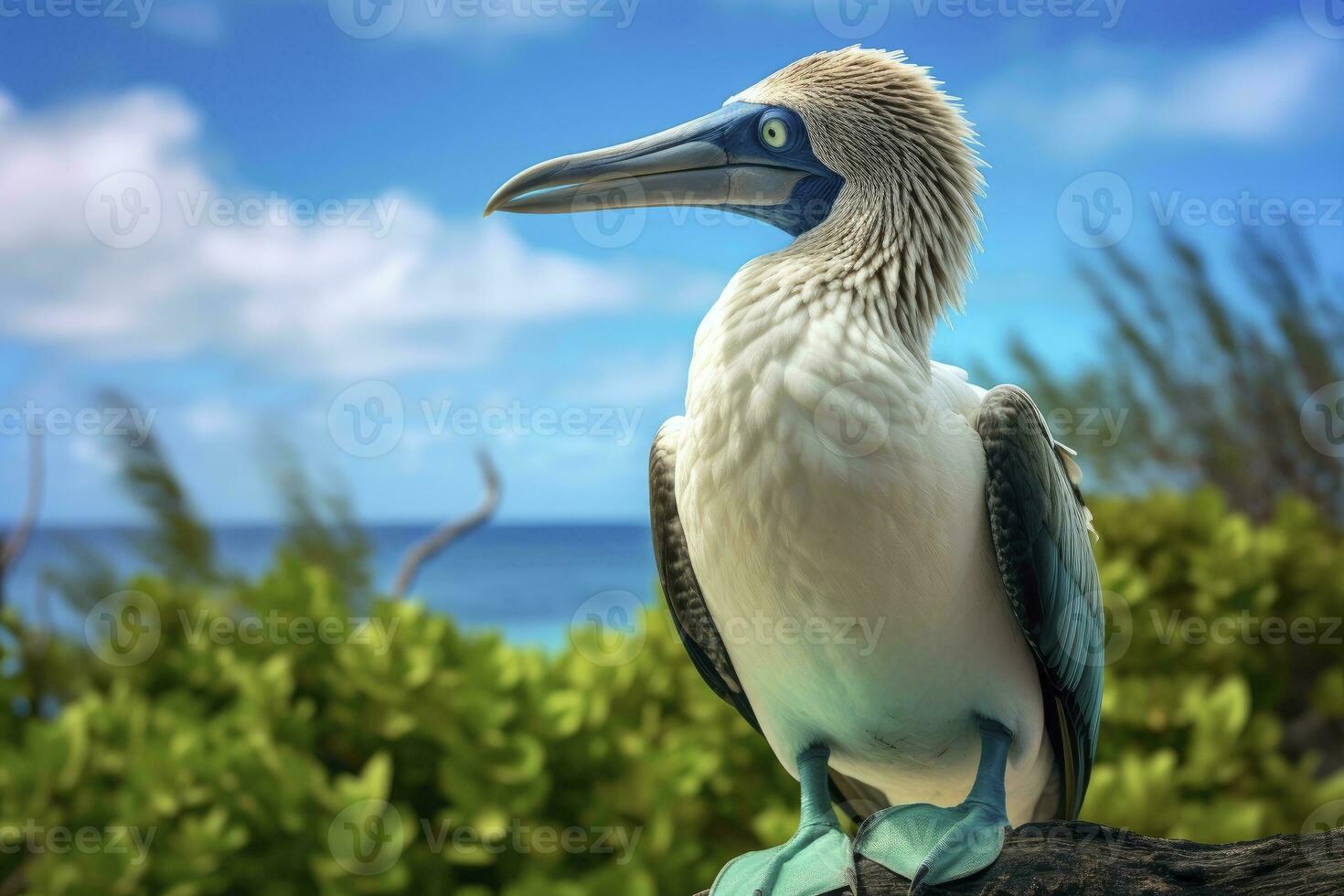 AI generated The rare blue-footed booby rests on the beach. AI Generated photo